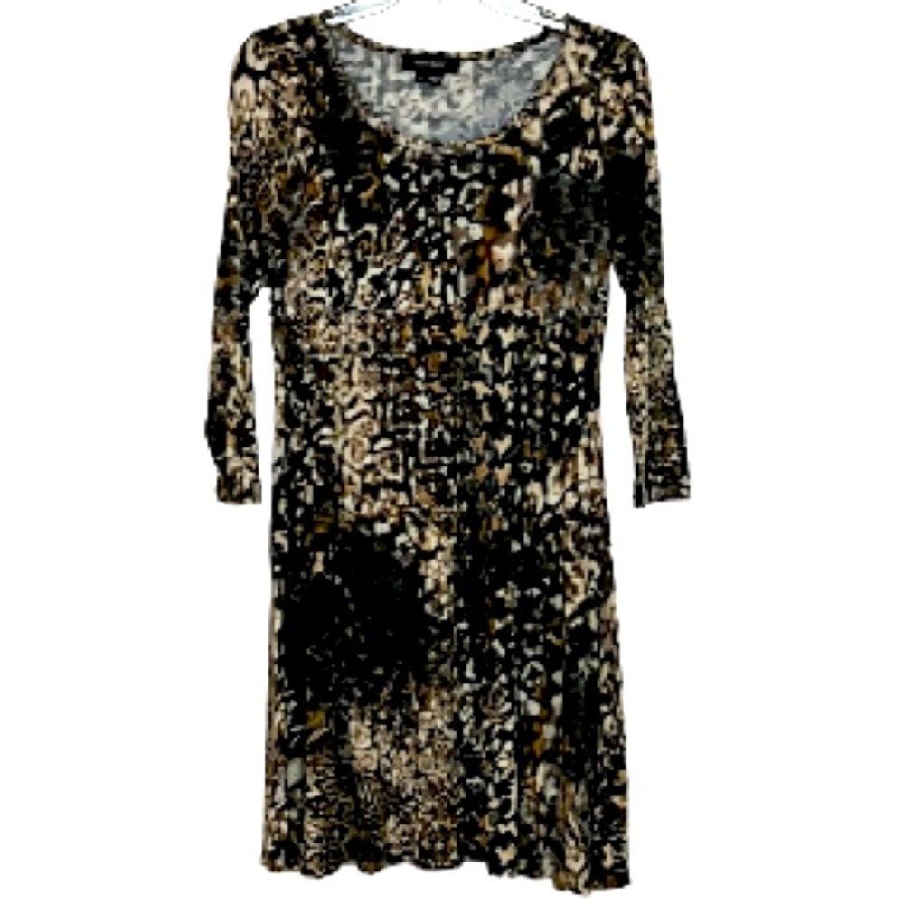 🌞 Karen Kane midi dress brown & beige long sleeves lovely. Made in USA L